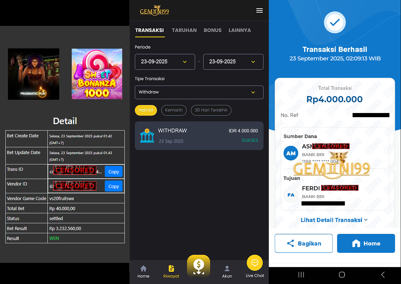 GEMINI99 BUKTI WITHDRAW (SWEET BONANZA 1000) DIBAYAR LUNAS